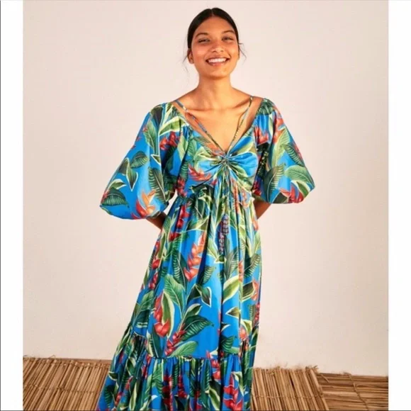 farm rio blue and green dress Tropical Swing Green Sleeveless Midi Dress main image 1